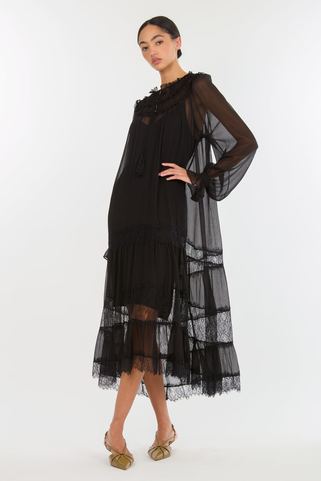 Bree Maxi Dress - 100% Silk Crinkle Chiffon with Lace
