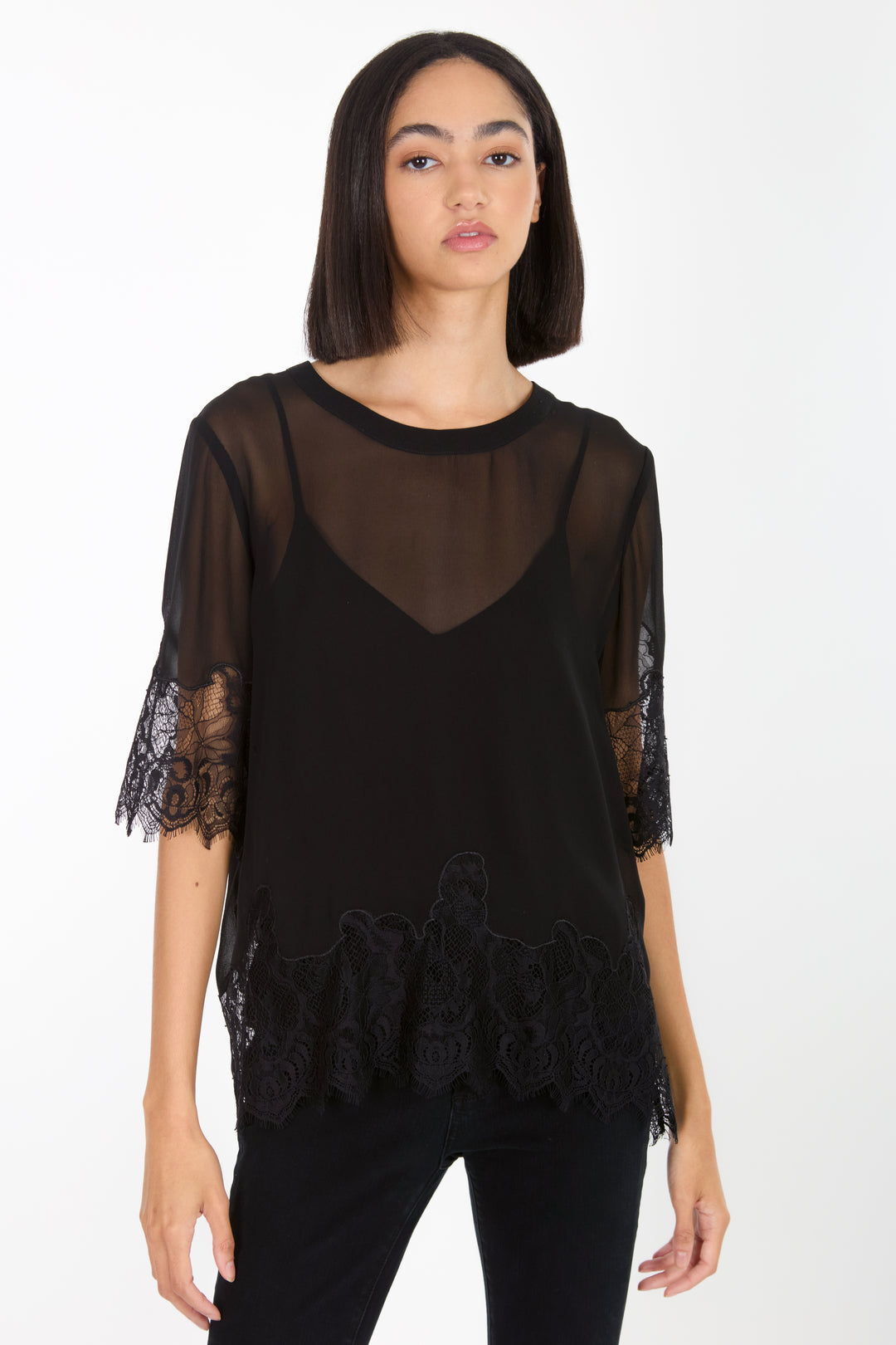 Linnea Top - 100% Organic Silk Crepe Georgette with Lace