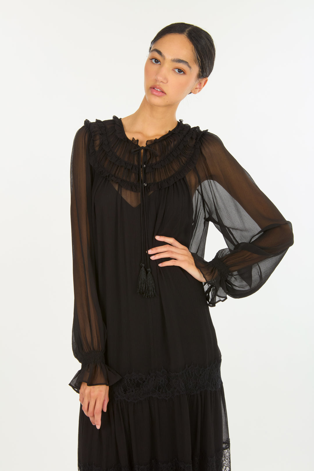 Bree Maxi Dress - 100% Silk Crinkle Chiffon with Lace
