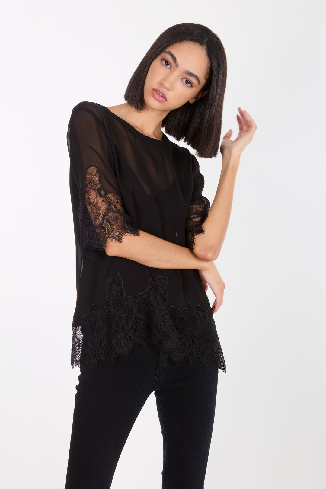 Linnea Top - 100% Organic Silk Crepe Georgette with Lace
