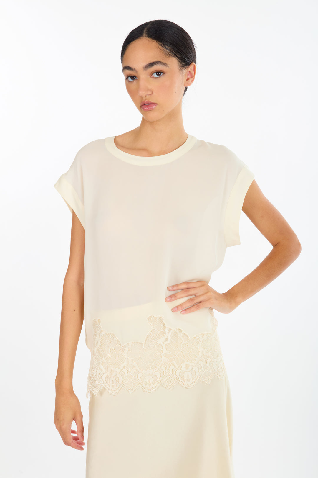 Evrin Top - Butter Creme - 100% Organic Silk Crepe Georgette with Lace
