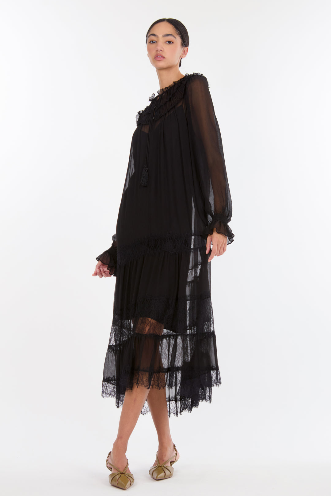 Bree Maxi Dress - 100% Silk Crinkle Chiffon with Lace