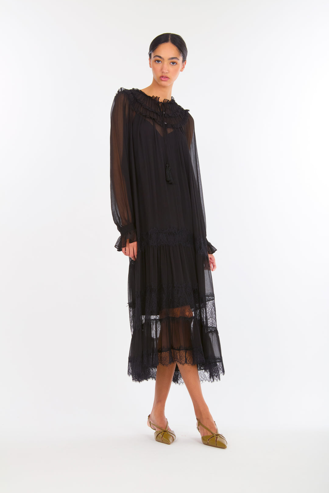 Bree Maxi Dress - 100% Silk Crinkle Chiffon with Lace