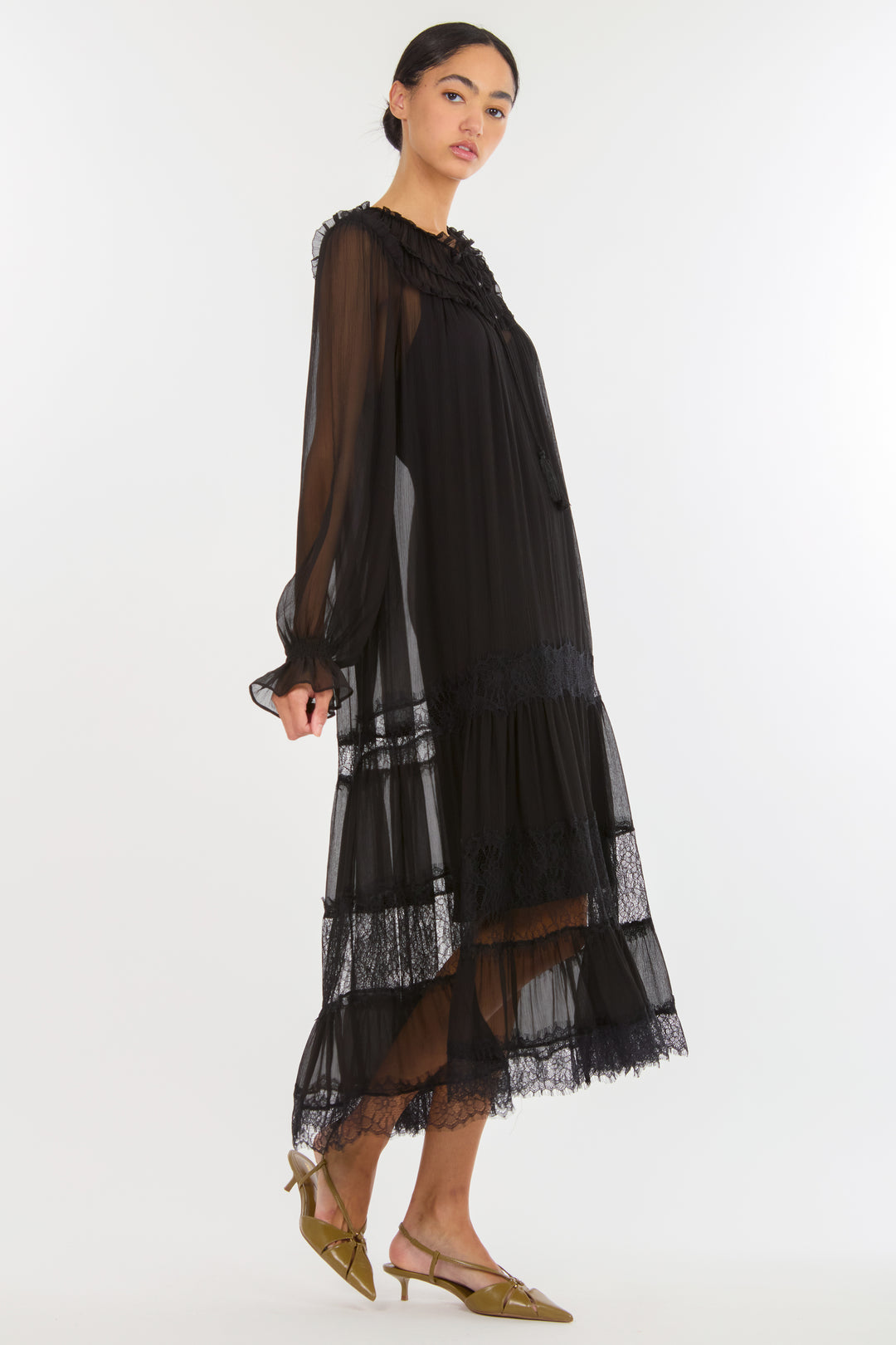 Bree Maxi Dress - 100% Silk Crinkle Chiffon with Lace