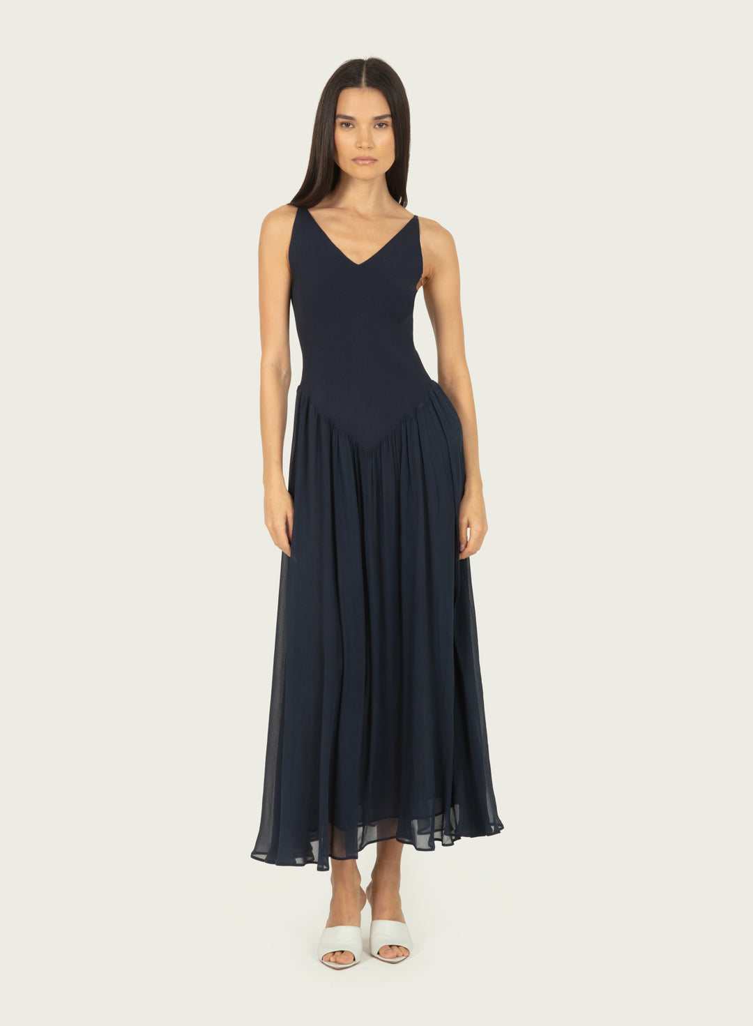 Azella Dress - Navy - Knit Rib with Silk Crinkle Chiffon