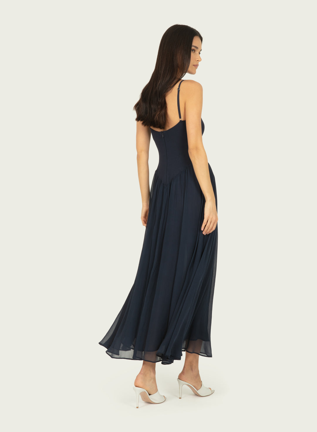 Azella Dress - Navy - Knit Rib with Silk Crinkle Chiffon