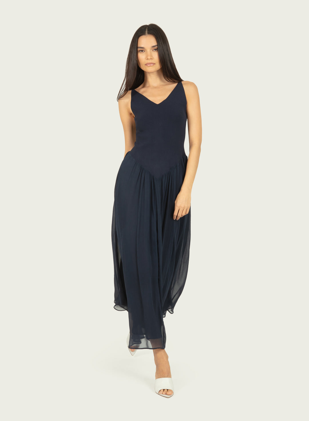 Azella Dress - Navy - Knit Rib with Silk Crinkle Chiffon
