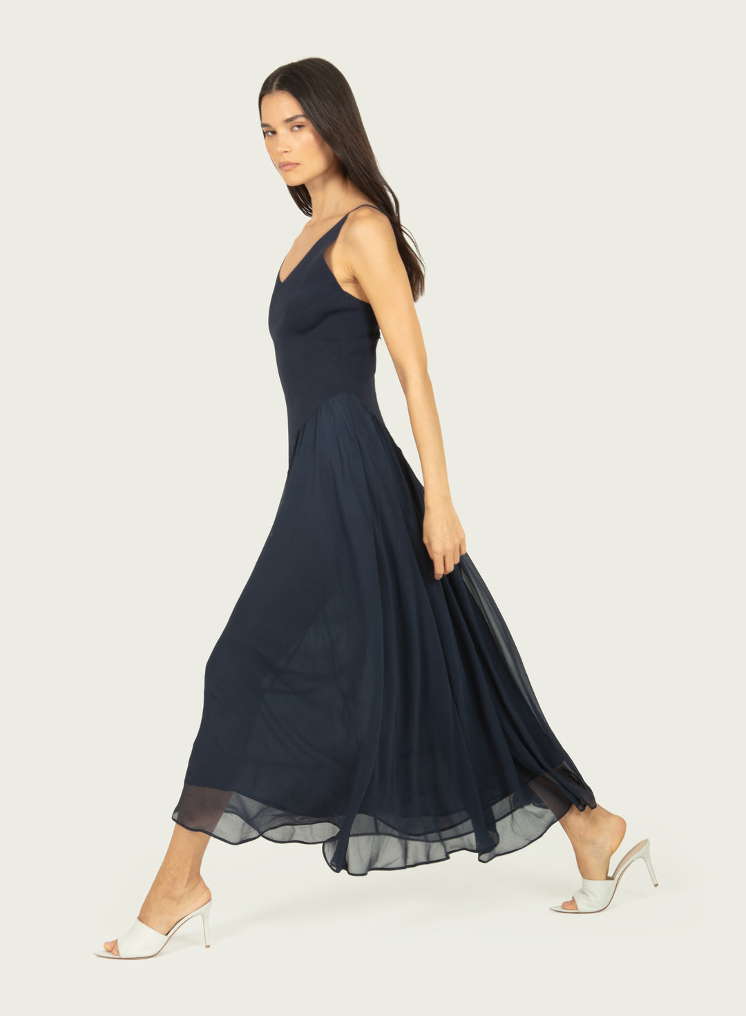 Azella Dress - Navy - Knit Rib with Silk Crinkle Chiffon