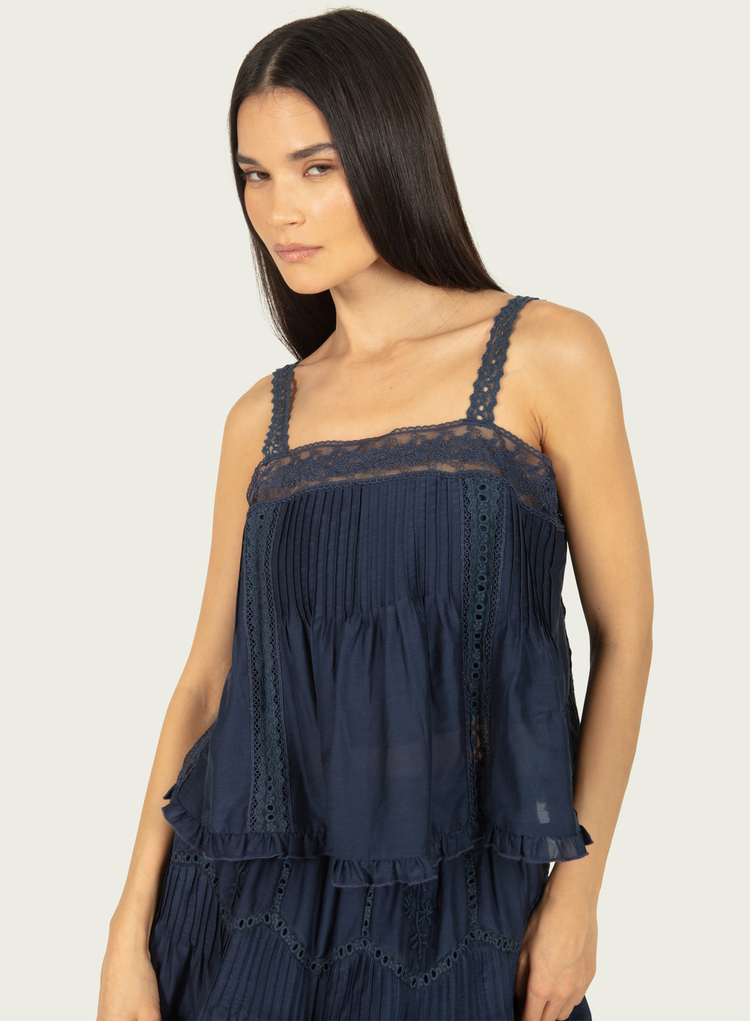 Audrey Top - Navy - Cotton Silk with Lace