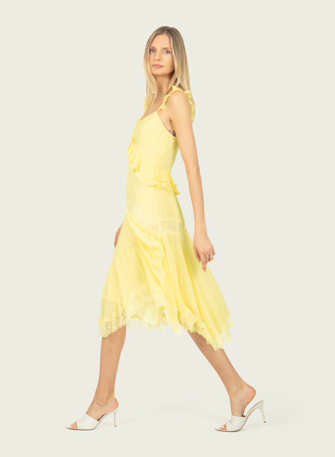 Lenore Midi Dress - 100% Silk Crinkle Chiffon with Lace