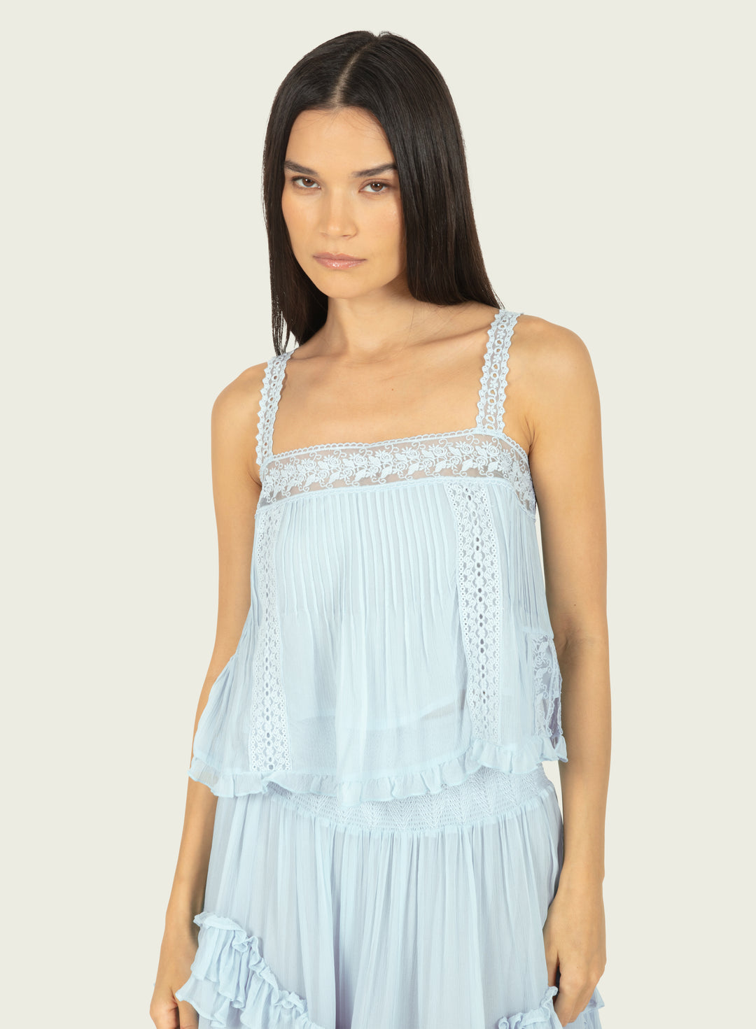 Calantha Top - 100% Silk Crinkle Chiffon with Lace