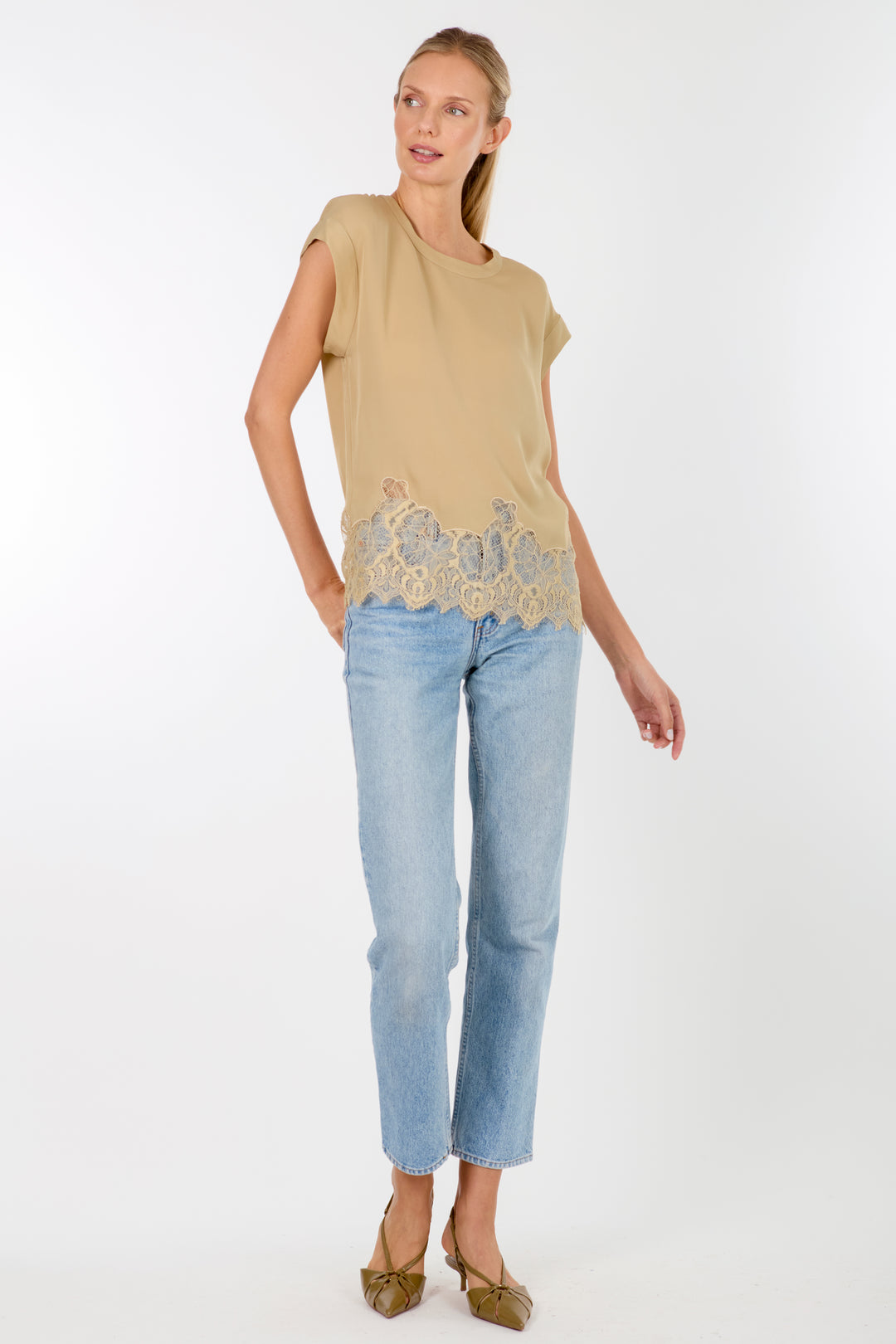 Evrin Top - Sand - 100% Organic Silk Crepe Georgette with Lace