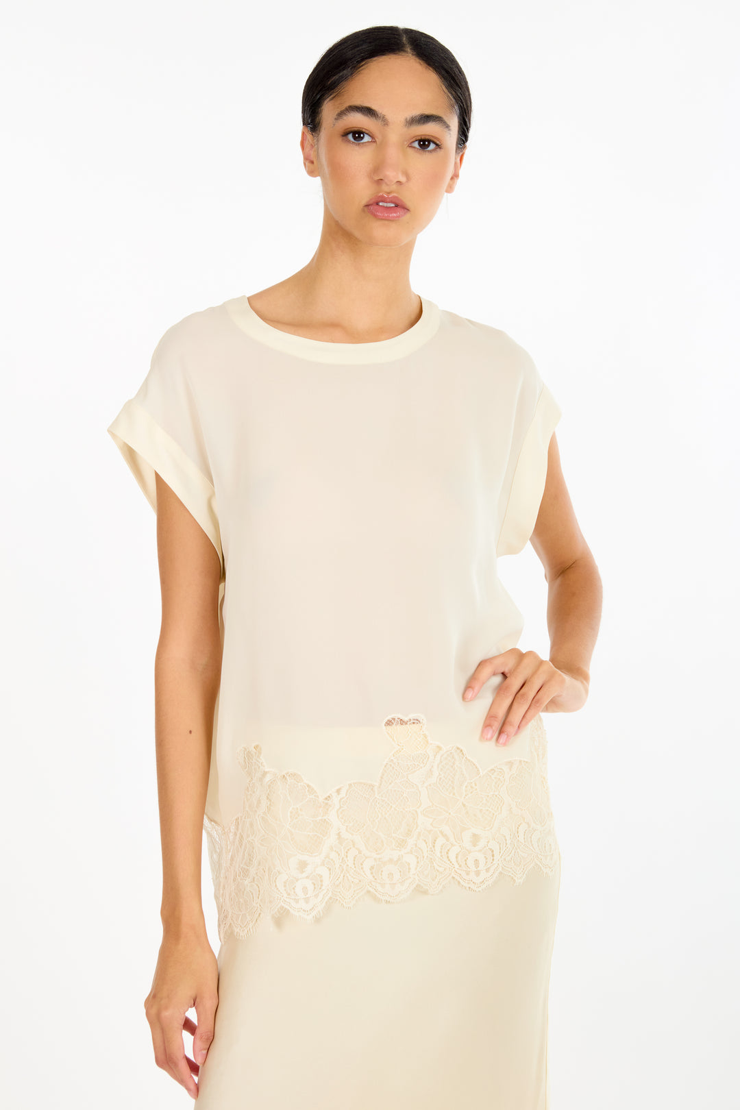 Evrin Top - Butter Creme - 100% Organic Silk Crepe Georgette with Lace