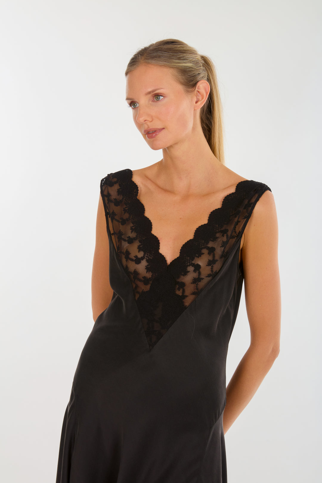 Paulette Dress - 100% Sand washed Silk with Lace
