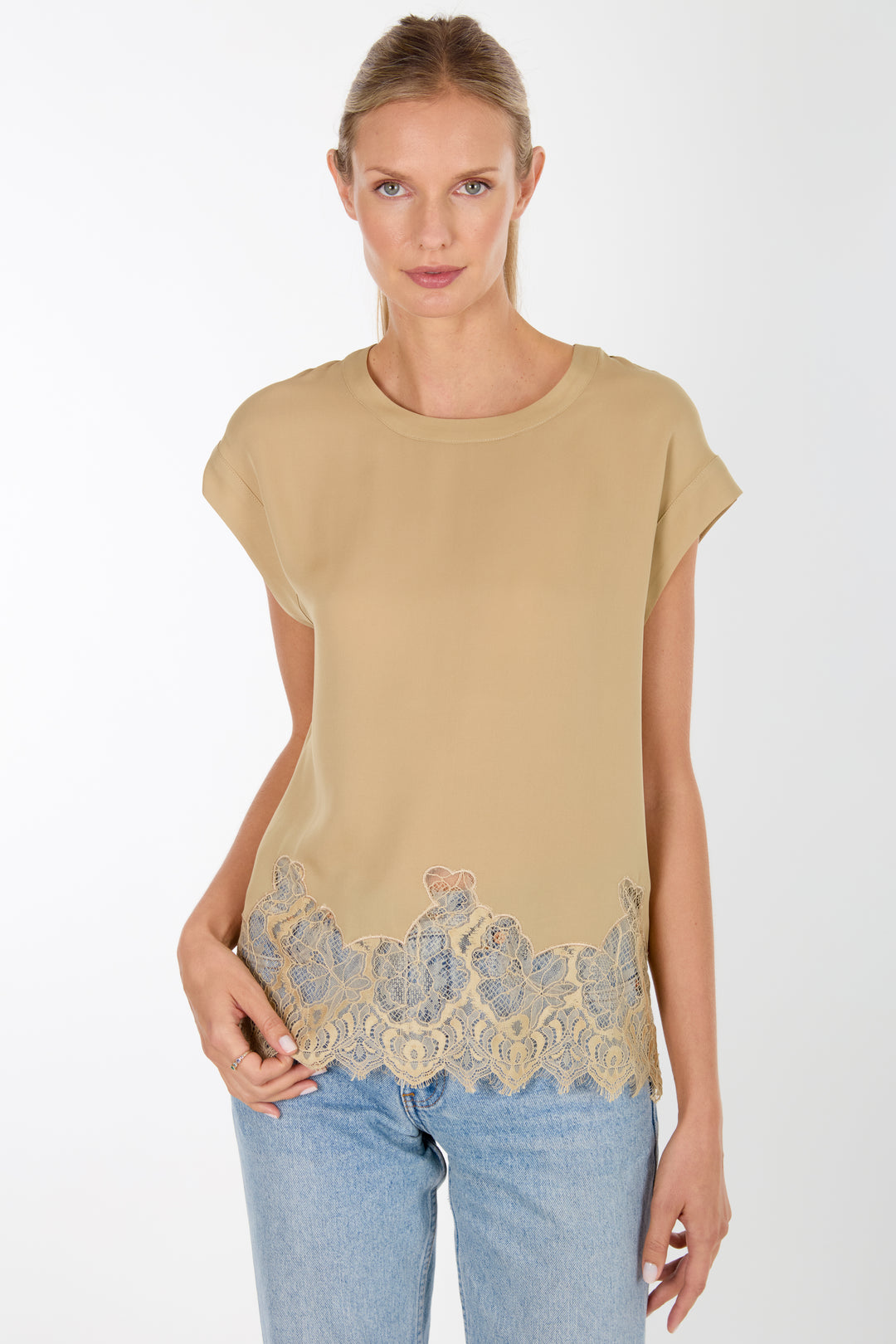 Evrin Top - Sand - 100% Organic Silk Crepe Georgette with Lace