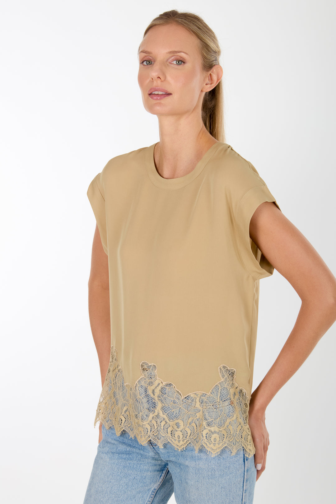 Evrin Top - Sand - 100% Organic Silk Crepe Georgette with Lace