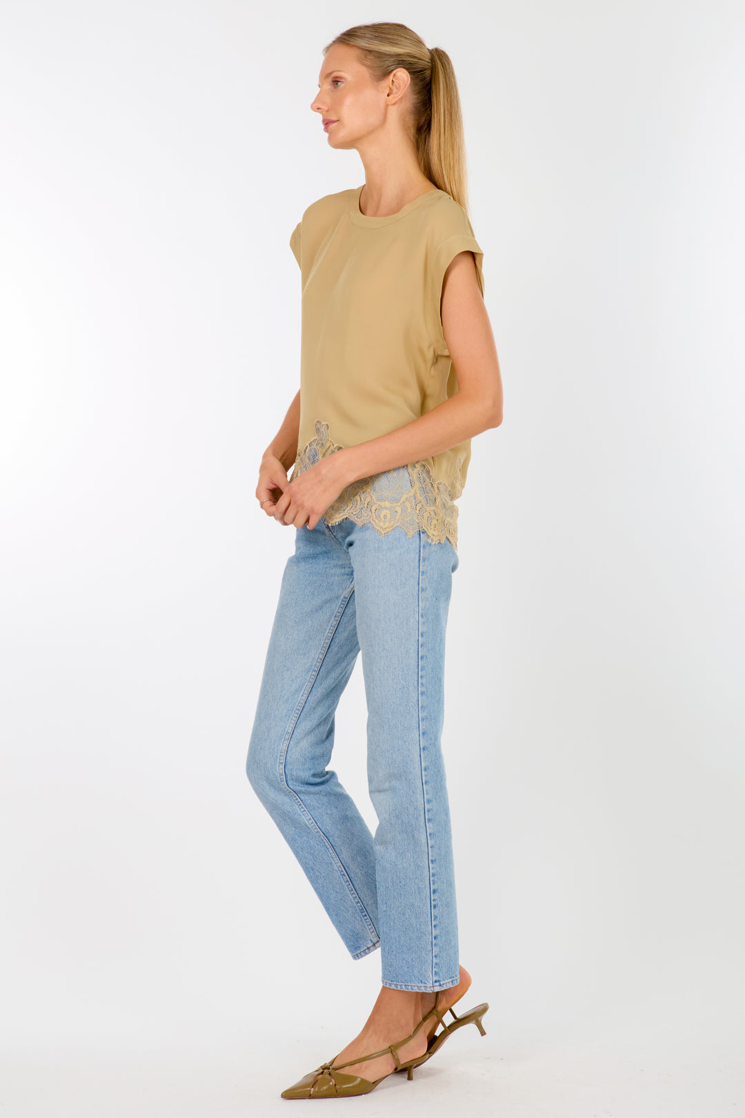 Evrin Top - Sand - 100% Organic Silk Crepe Georgette with Lace