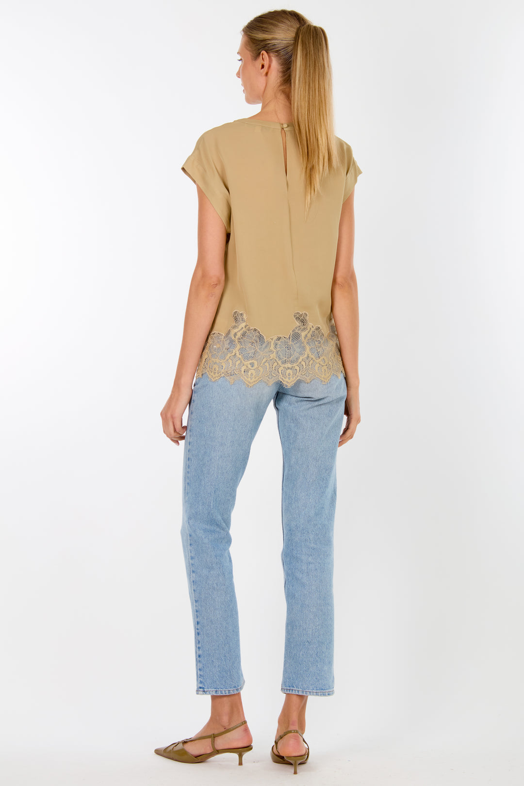 Evrin Top - Sand - 100% Organic Silk Crepe Georgette with Lace