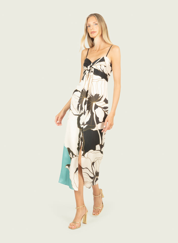 Ceres Maxi Dress - Cyan Green Abstract Floral - 100% Silk
