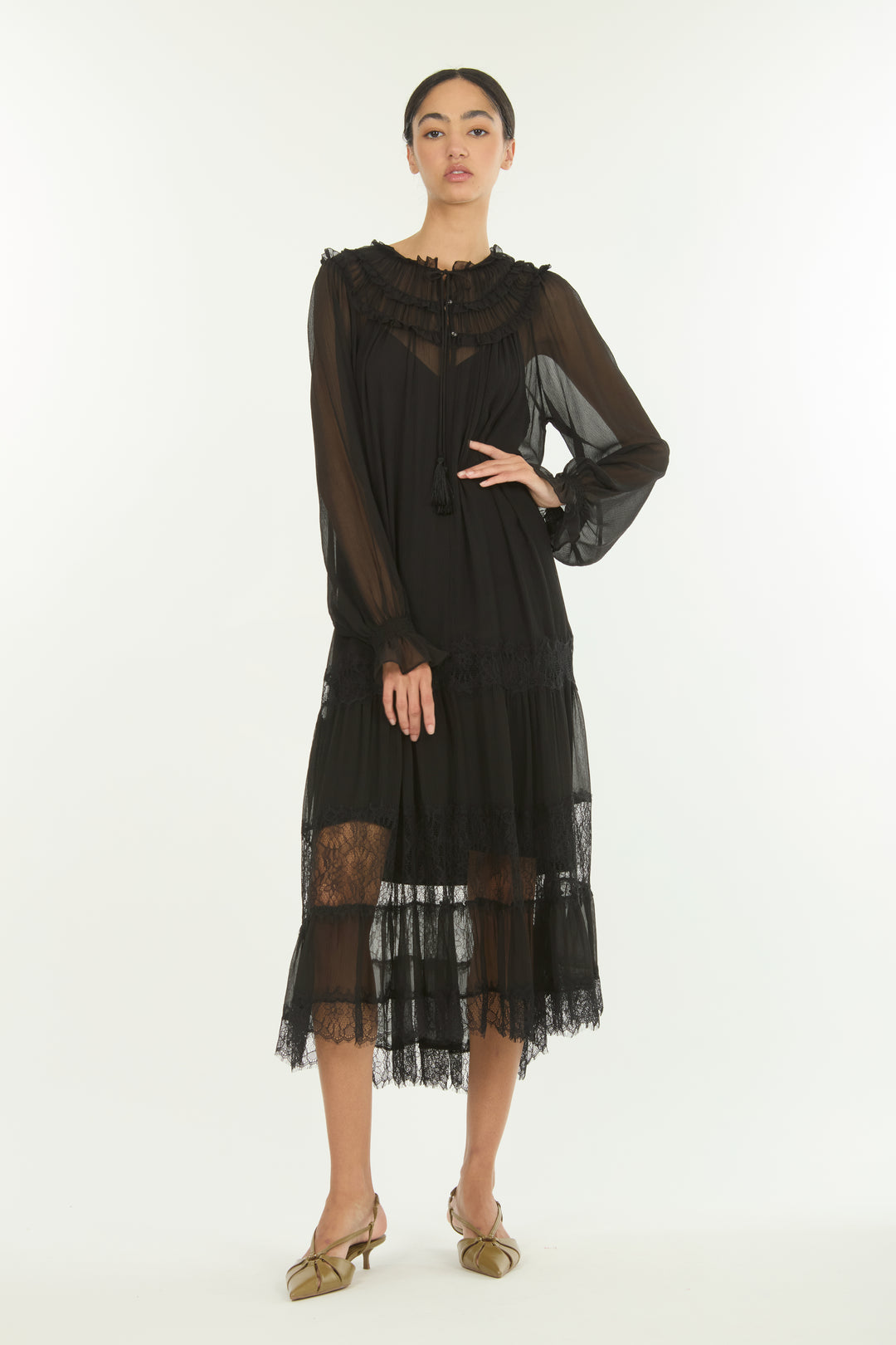 Bree Maxi Dress - 100% Silk Crinkle Chiffon with Lace