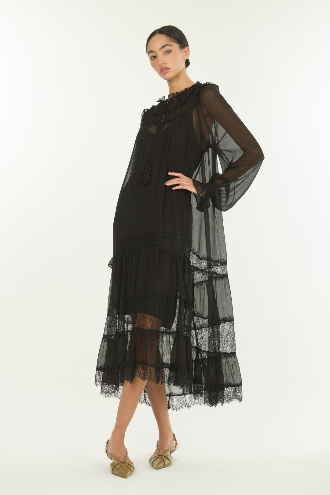 Bree Maxi Dress - 100% Silk Crinkle Chiffon with Lace