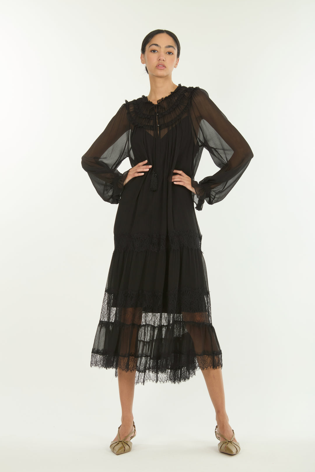 Bree Maxi Dress - 100% Silk Crinkle Chiffon with Lace