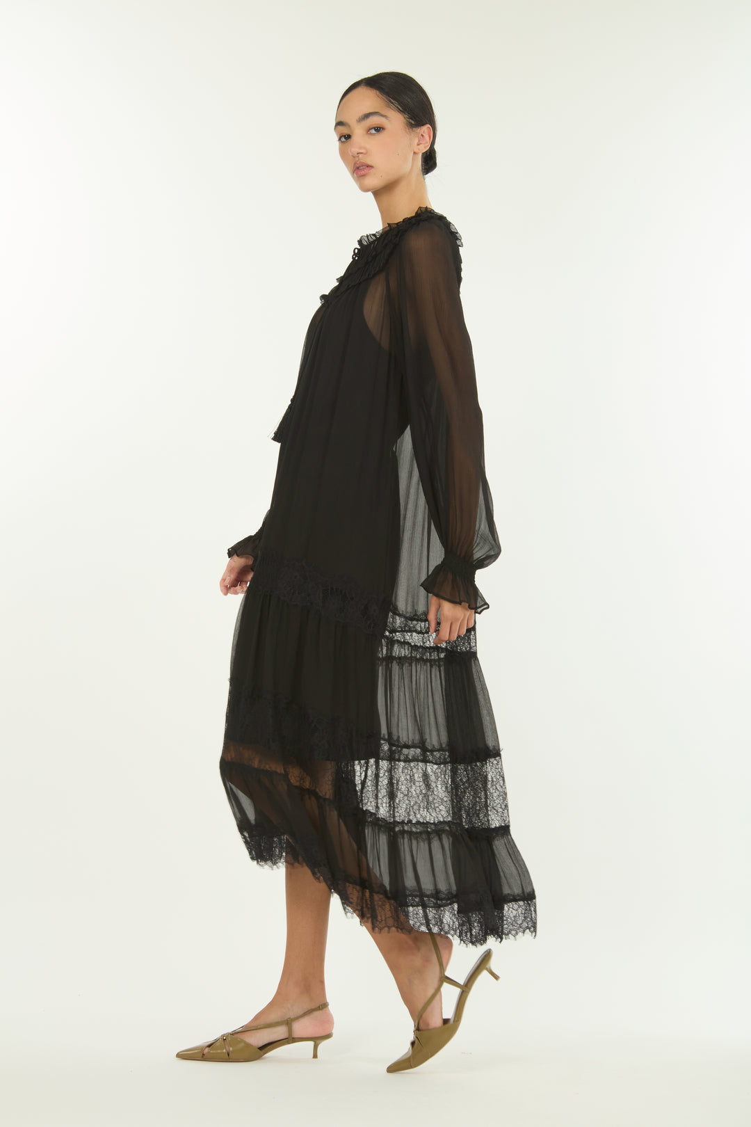 Bree Maxi Dress - 100% Silk Crinkle Chiffon with Lace