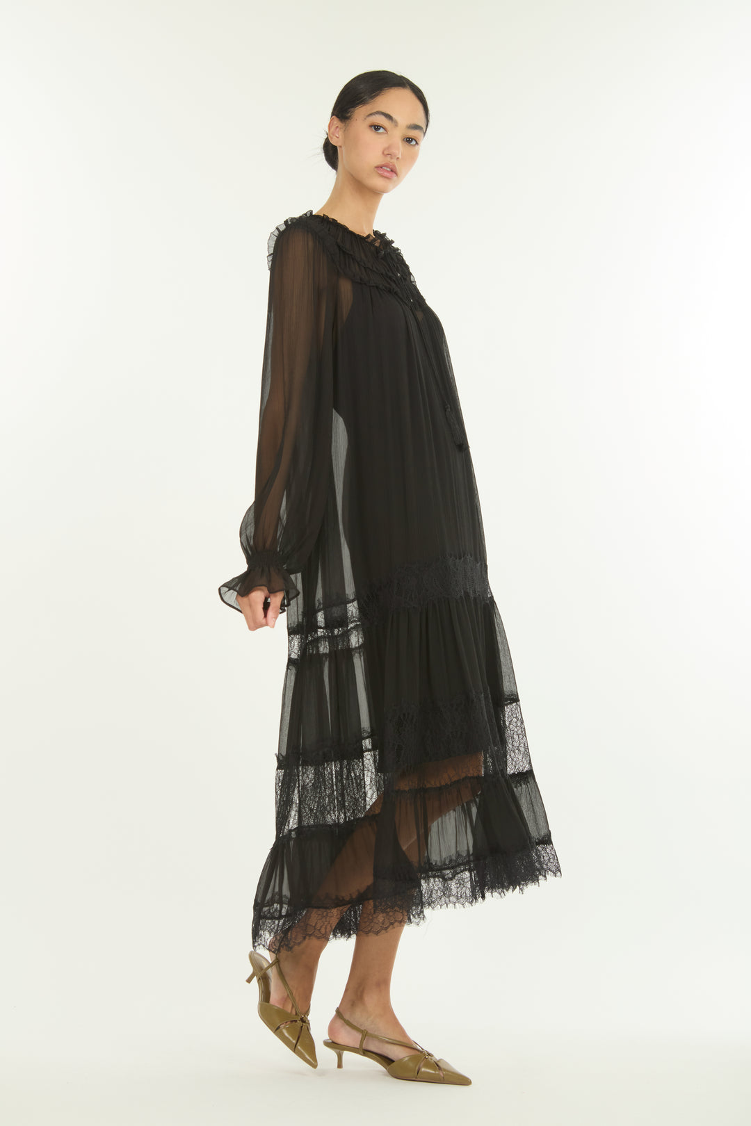 Bree Maxi Dress - 100% Silk Crinkle Chiffon with Lace