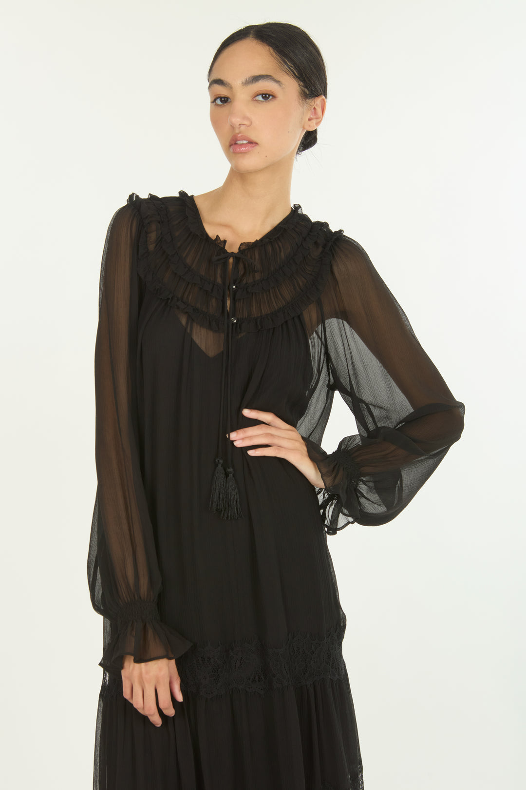 Bree Maxi Dress - 100% Silk Crinkle Chiffon with Lace