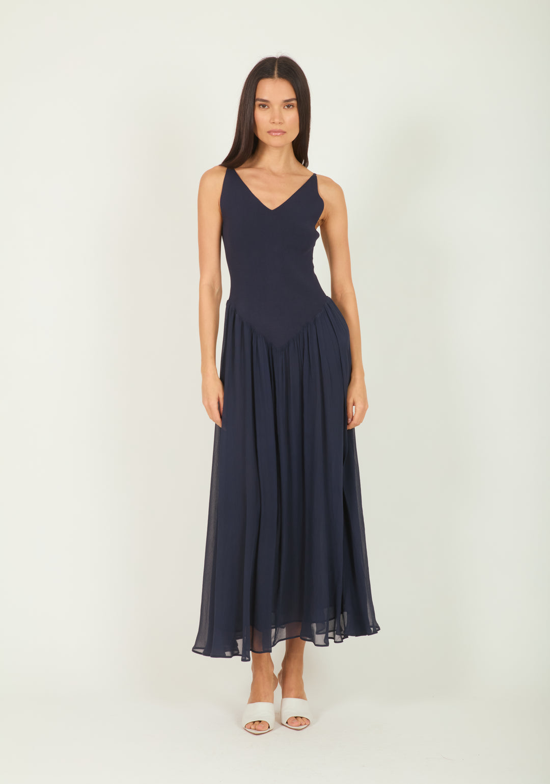 Azella Dress - Navy - Knit Rib with Silk Crinkle Chiffon