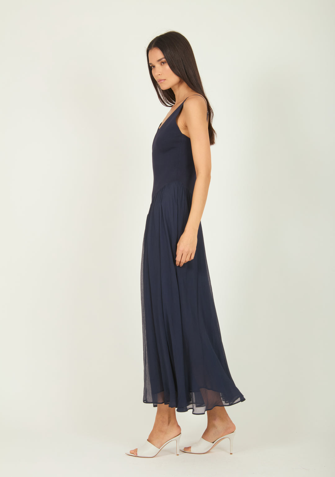 Azella Dress - Navy - Knit Rib with Silk Crinkle Chiffon