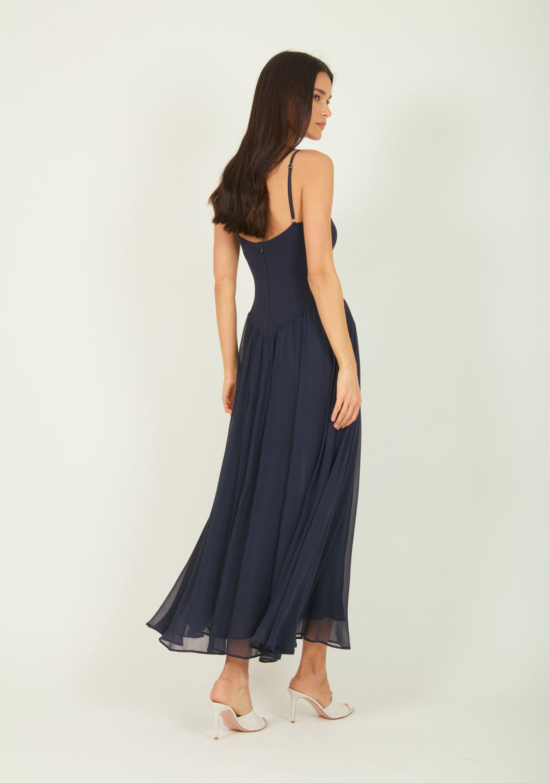 Azella Dress - Navy - Knit Rib with Silk Crinkle Chiffon