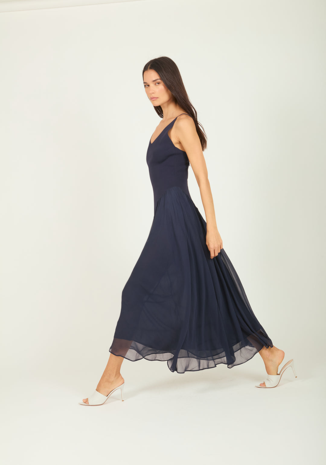 Azella Dress - Navy - Knit Rib with Silk Crinkle Chiffon