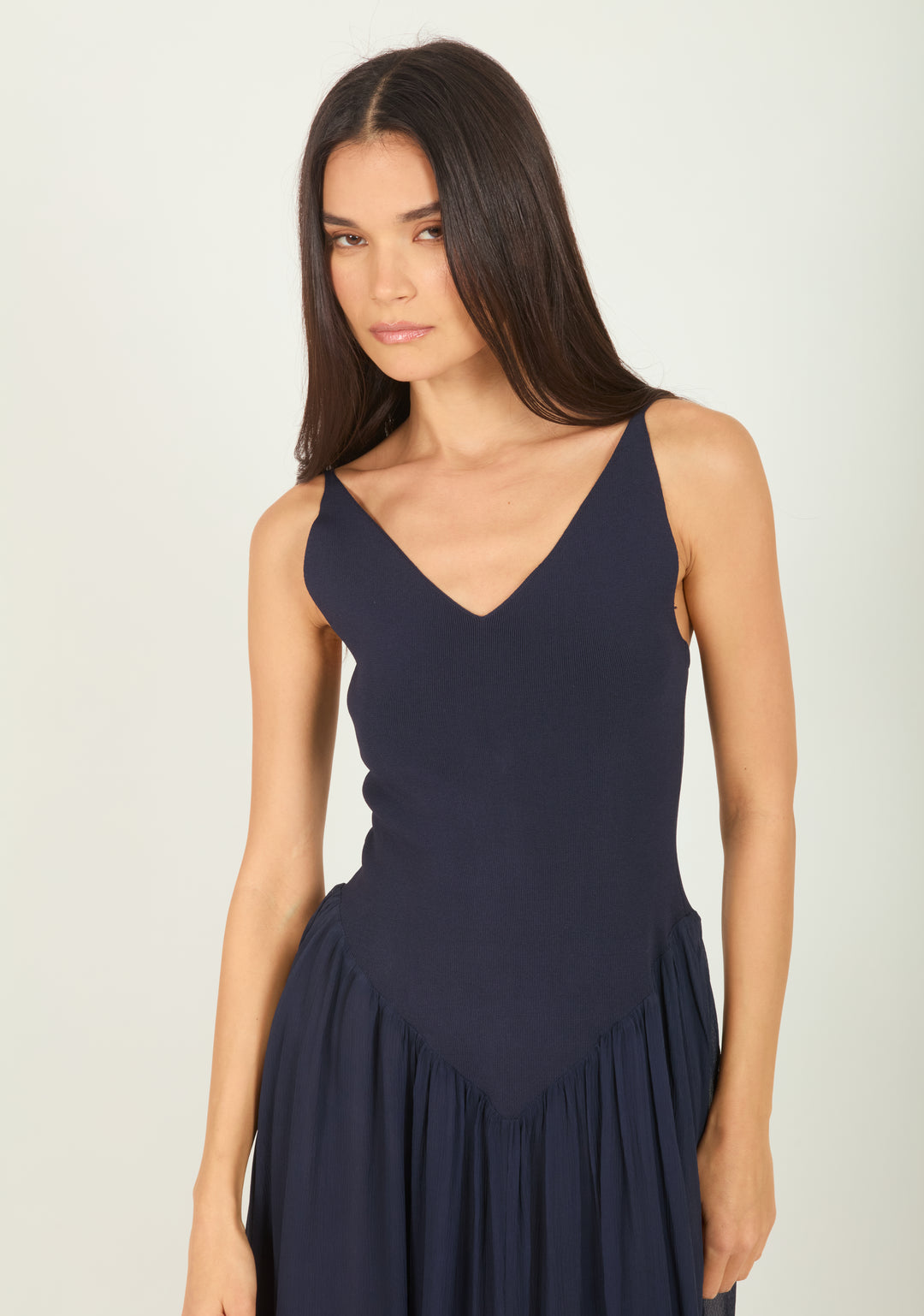 Azella Dress - Navy - Knit Rib with Silk Crinkle Chiffon