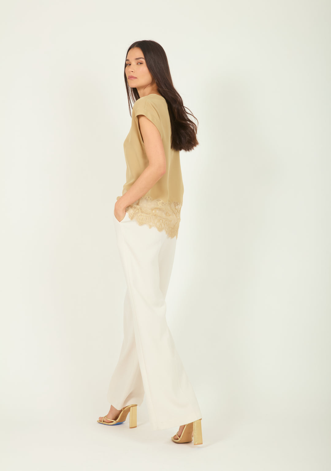 Evrin Top - Sand - Silk Double Georgette with Lace