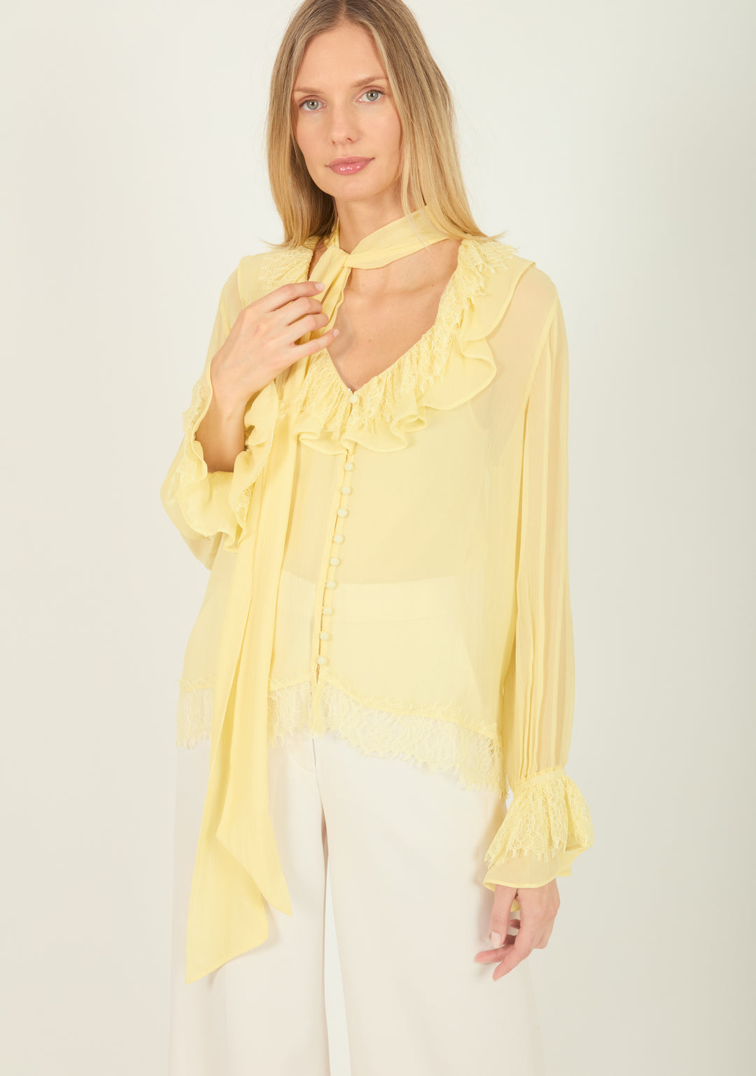 Davina  Blouse - 100% Silk Crinkle Chiffon with Lace