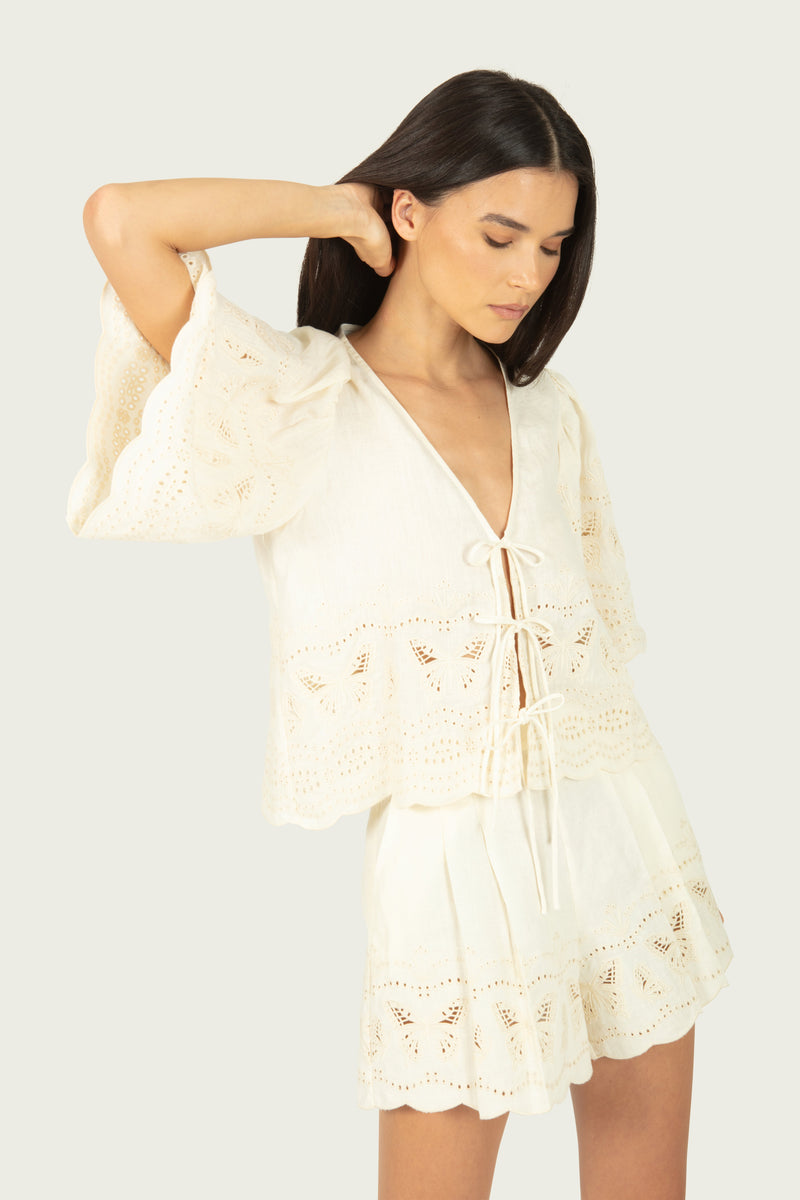 Floria Top - Cotton Linen with Embroidery