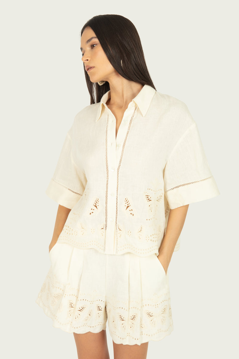 Marlene Top - Cotton Linen with Embroidery
