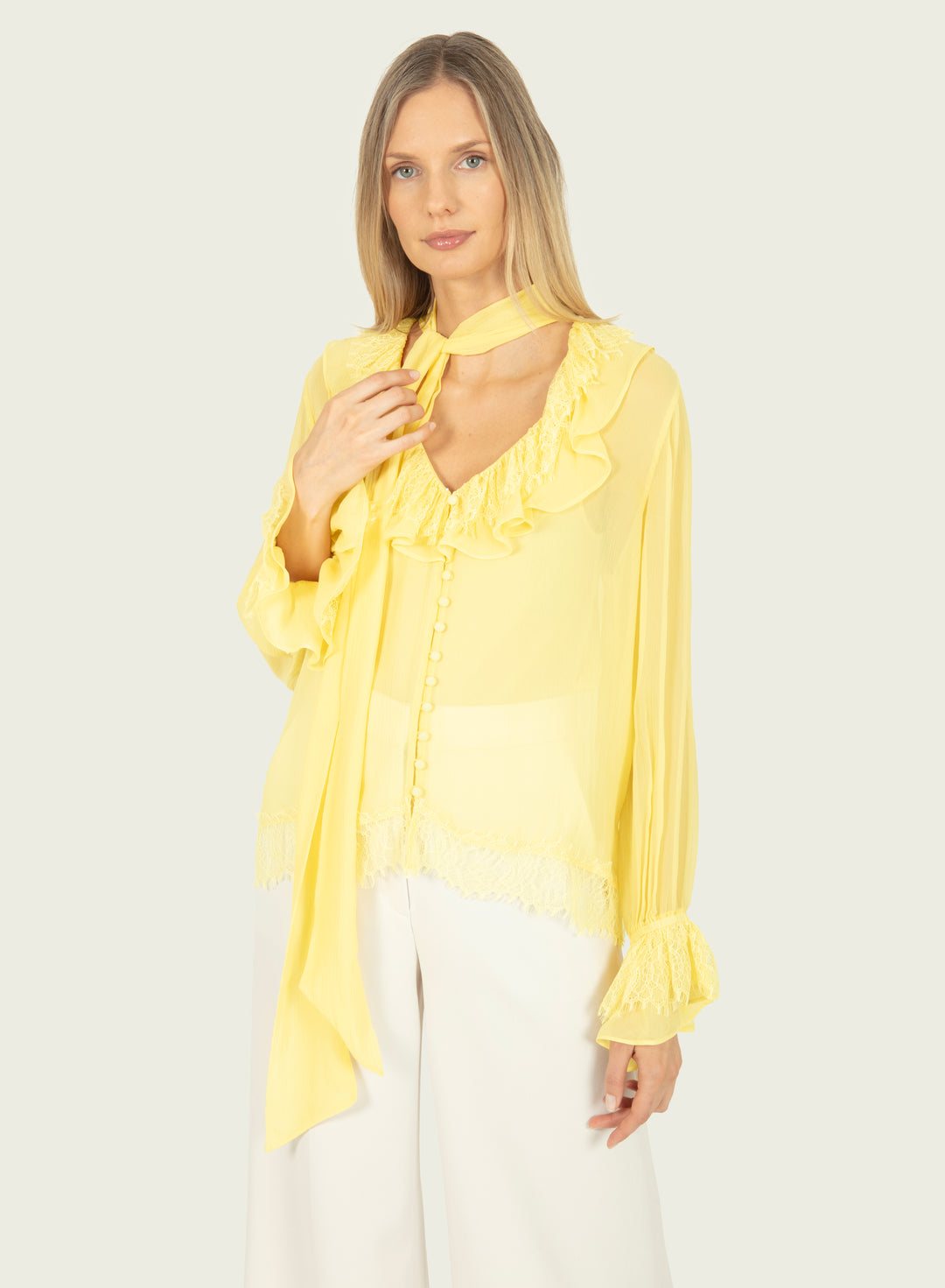 Davina  Blouse - 100% Silk Crinkle Chiffon with Lace
