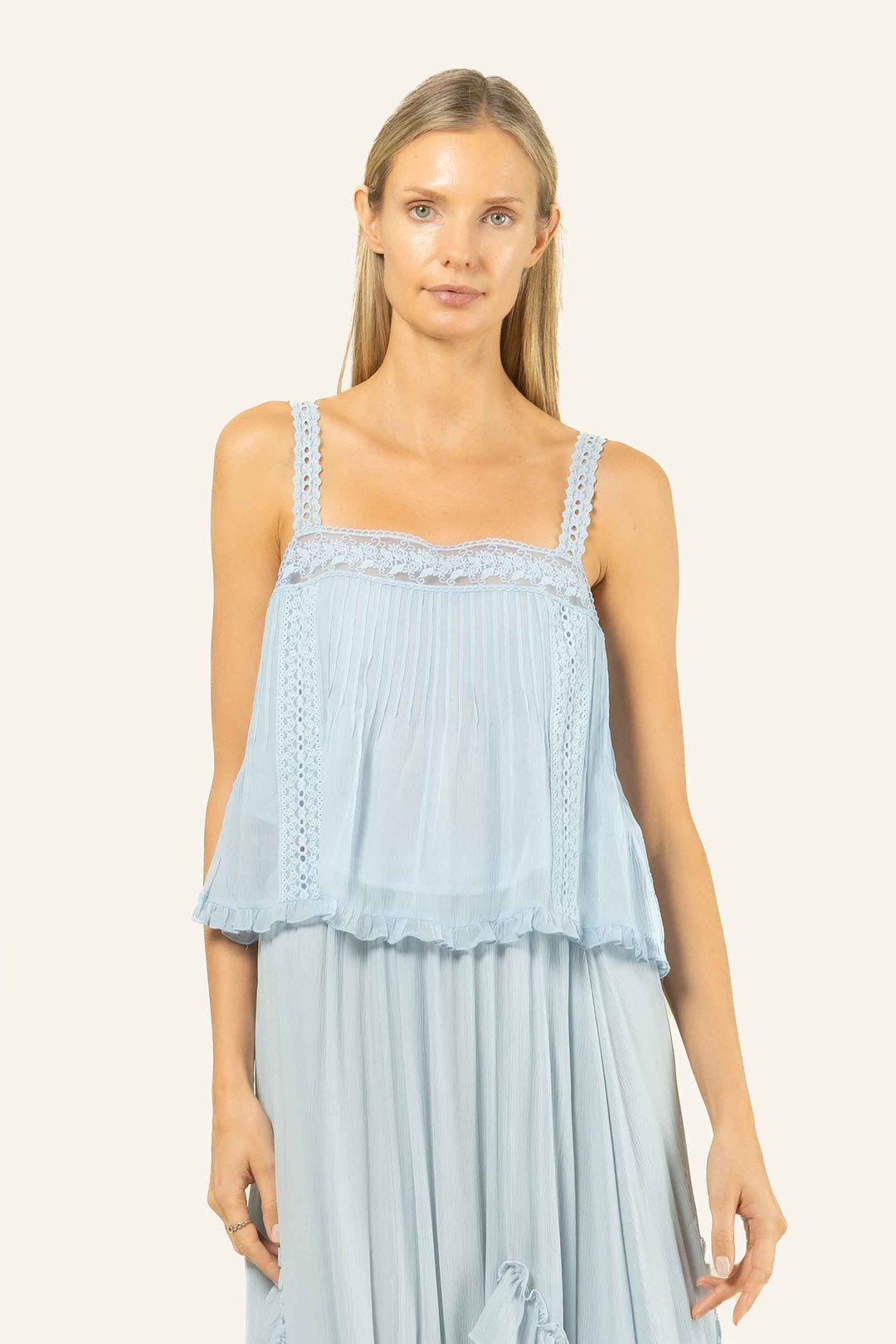 Calantha Top - 100% Silk Crinkle Chiffon with Lace