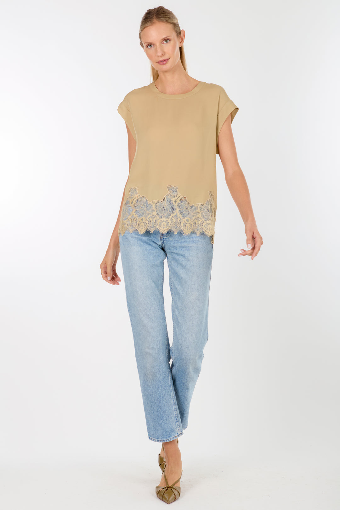 Evrin Top - Sand - 100% Organic Silk Crepe Georgette with Lace