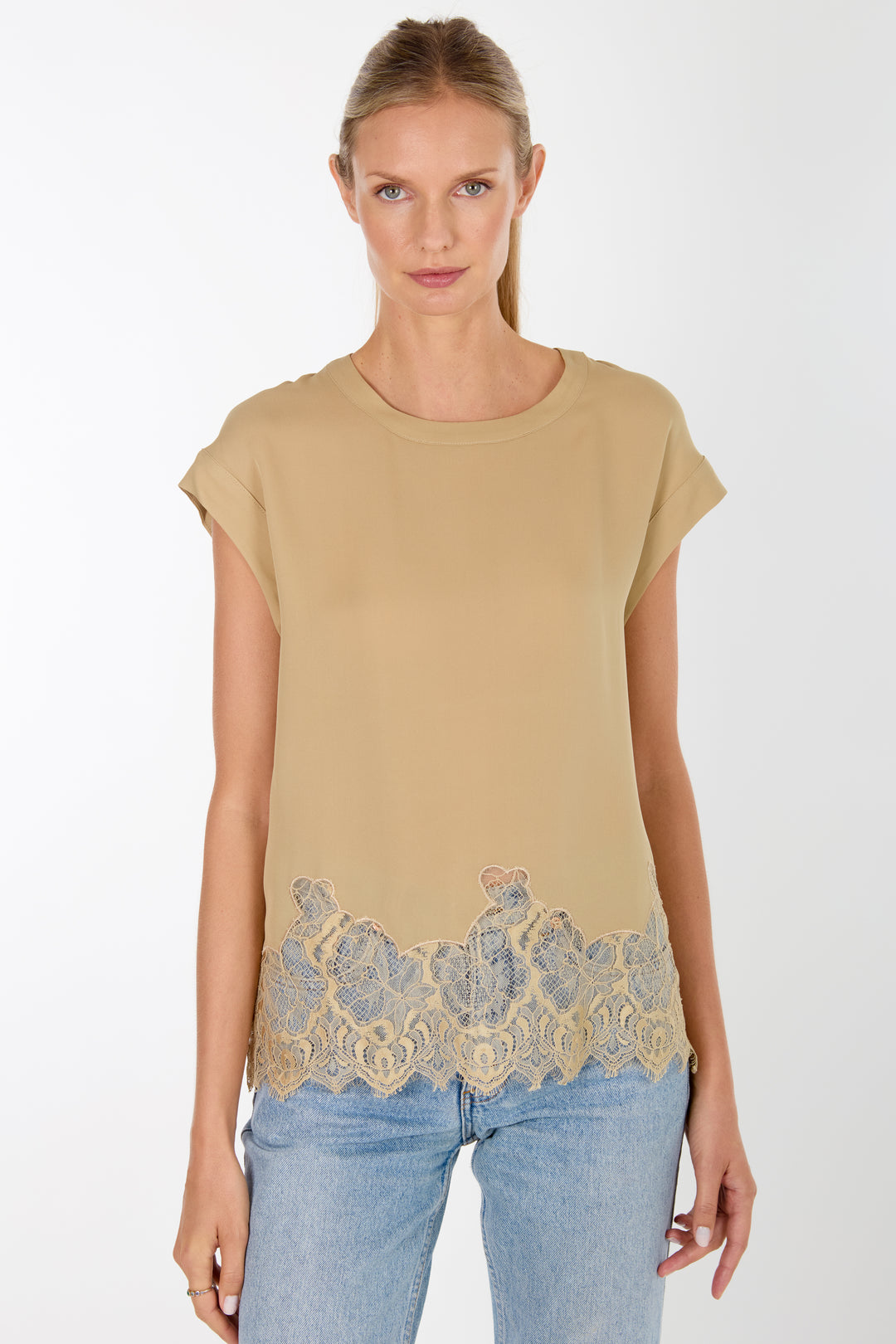 Evrin Top - Sand - 100% Organic Silk Crepe Georgette with Lace