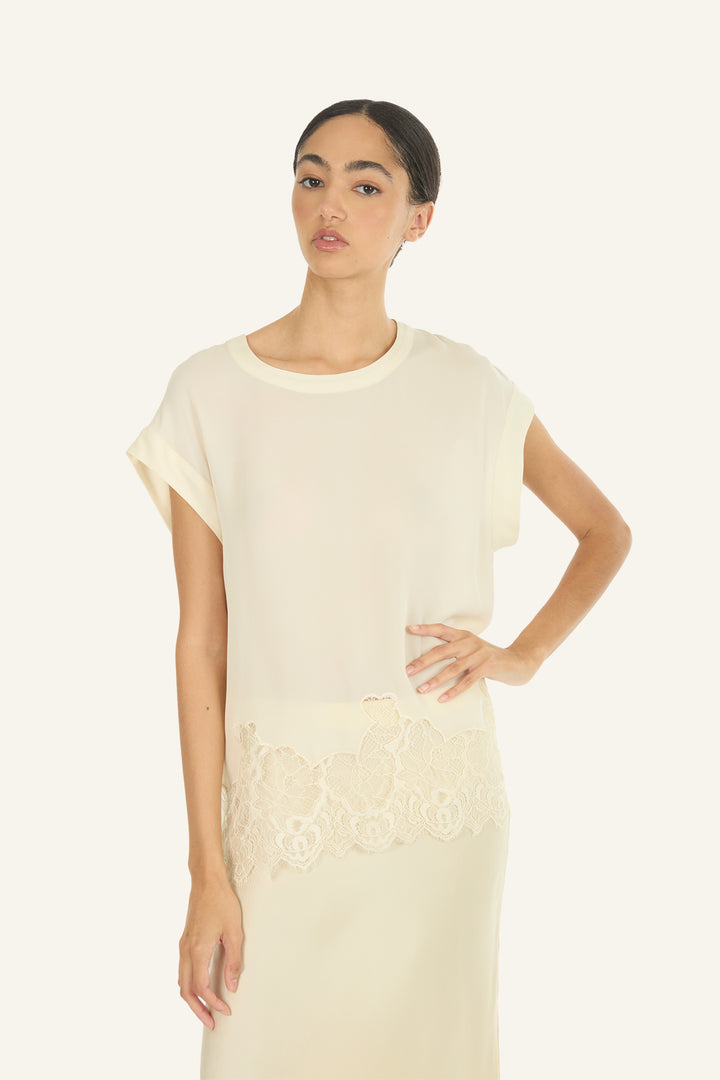 Evrin Top - Butter Creme - 100% Organic Silk Crepe Georgette with Lace
