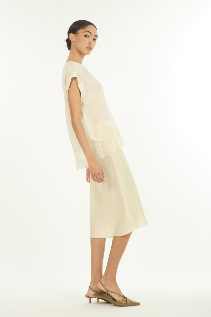 Evrin Top - Butter Creme - 100% Organic Silk Crepe Georgette with Lace