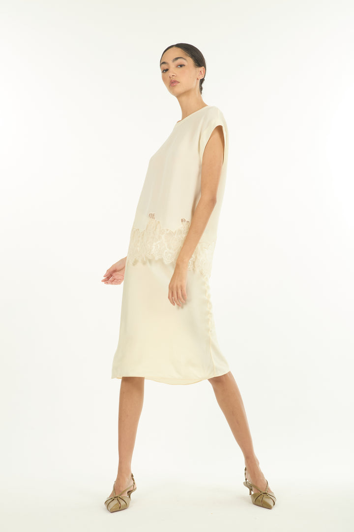 Evrin Top - Butter Creme - 100% Organic Silk Crepe Georgette with Lace