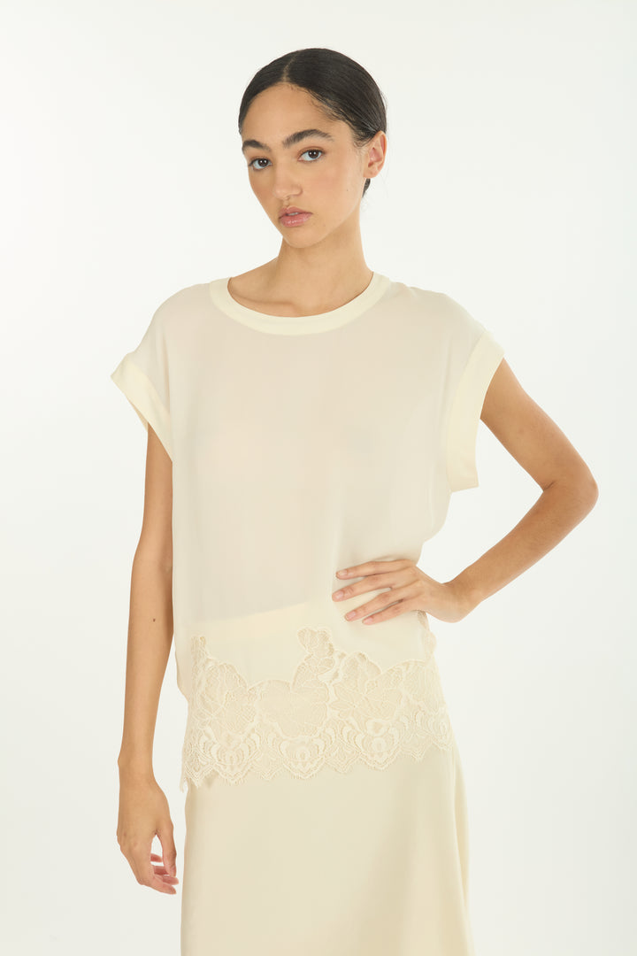 Evrin Top - Butter Creme - 100% Organic Silk Crepe Georgette with Lace