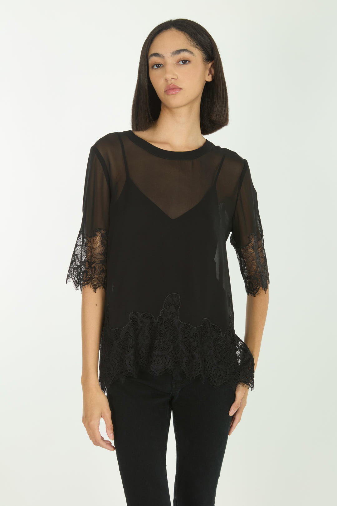 Linnea Top - 100% Organic Silk Crepe Georgette with Lace