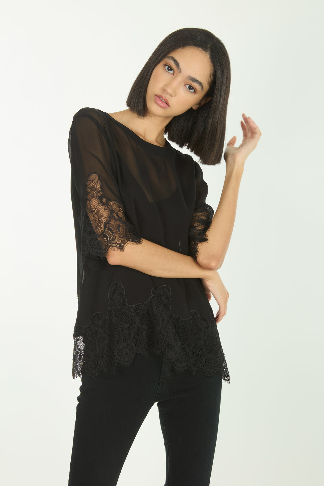 Linnea Top - 100% Organic Silk Crepe Georgette with Lace
