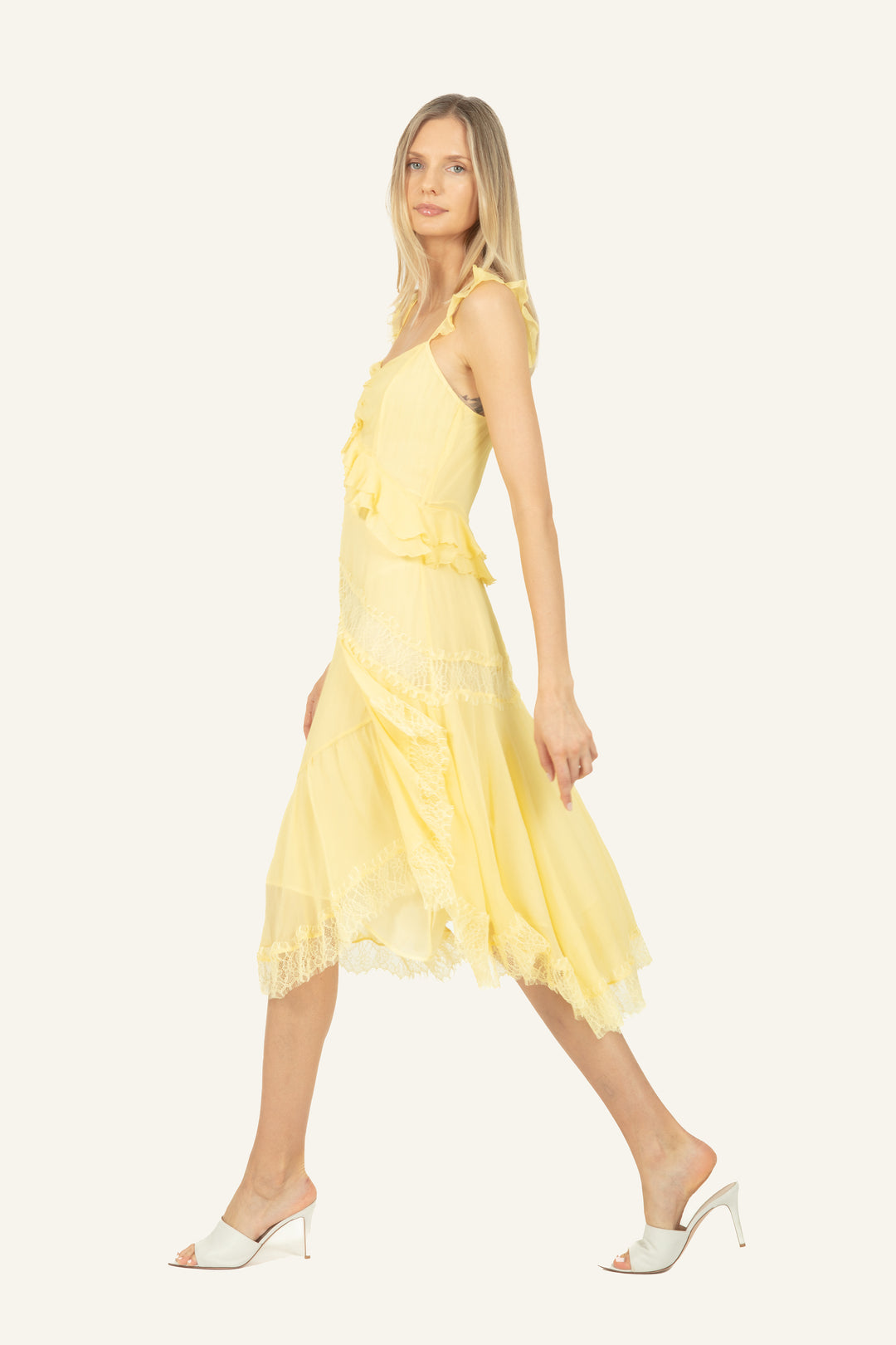 Lenore Midi Dress - 100% Silk Crinkle Chiffon with Lace